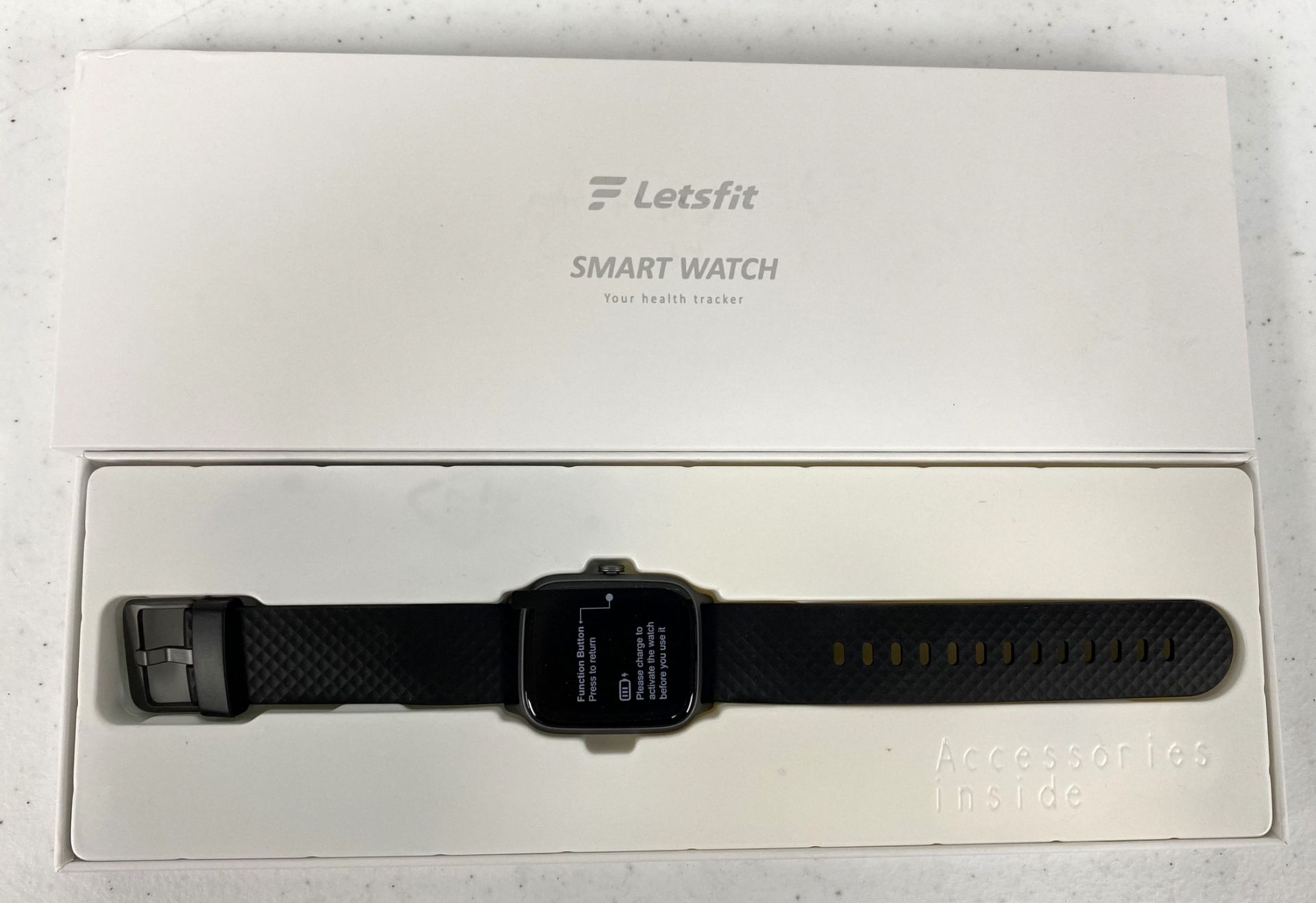 Ten boxed as new Letsfit EW1 Smart Watches in Black/Grey (Boxes sealed).