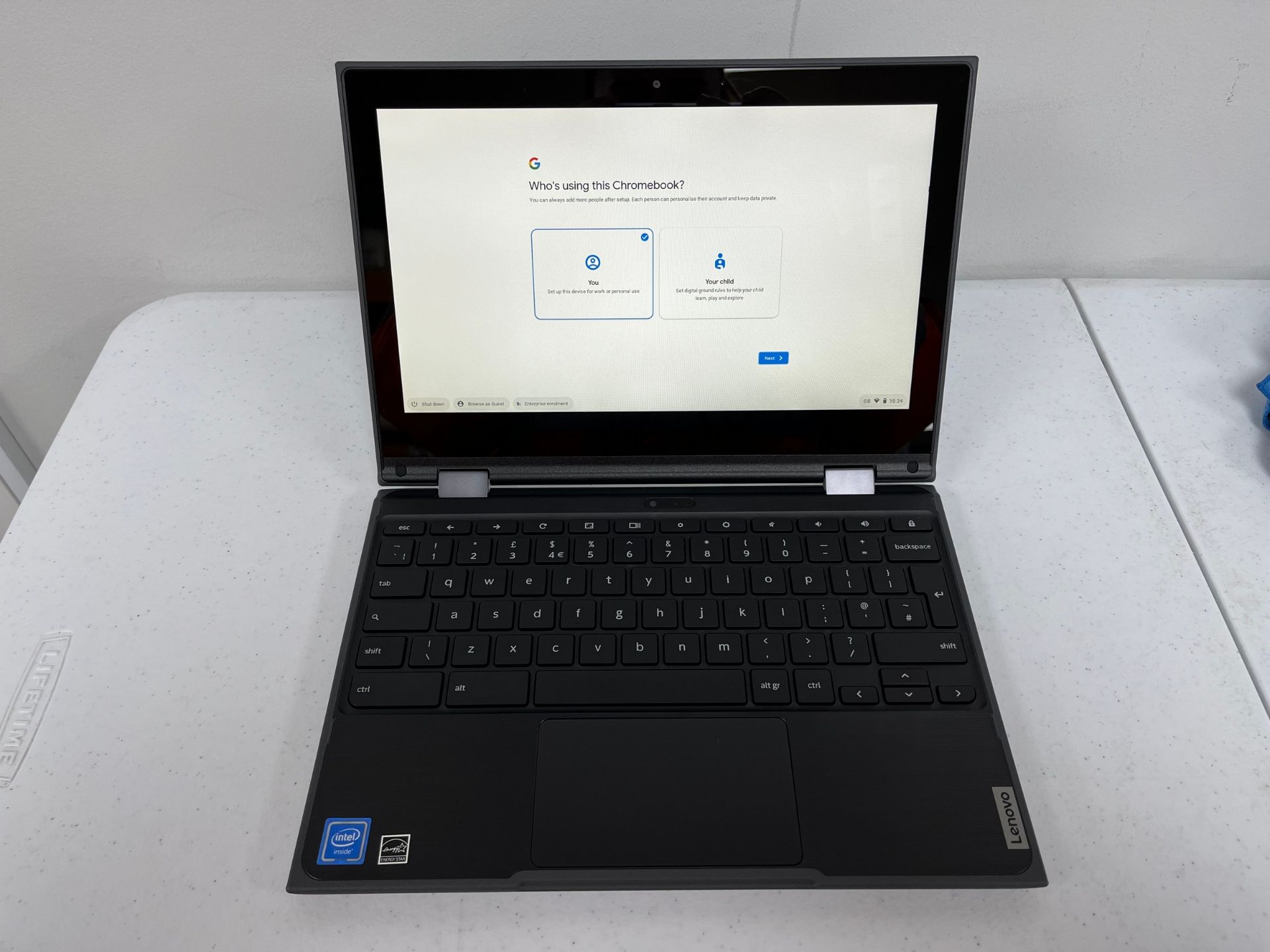 A boxed as new Lenovo 500e Chromebook Gen 2 11.6" Touchscreen Laptop in Black with Intel Celeron N41