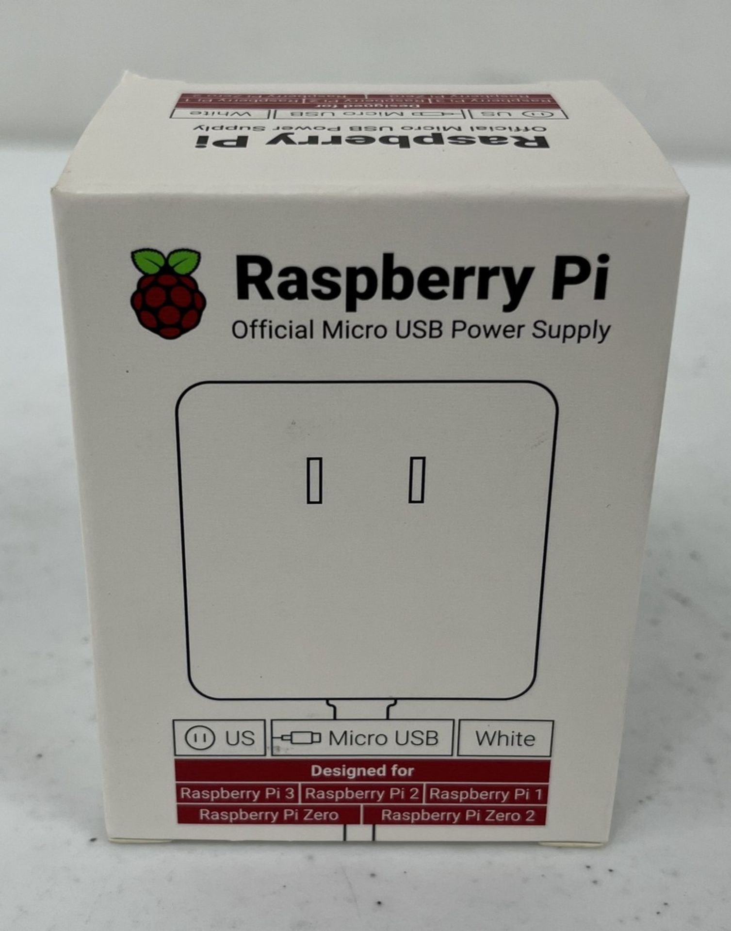 One hundred boxed as new Raspberry Pi Micro USB US 2-pin Power Supplies in White (EAN: 617588405730)