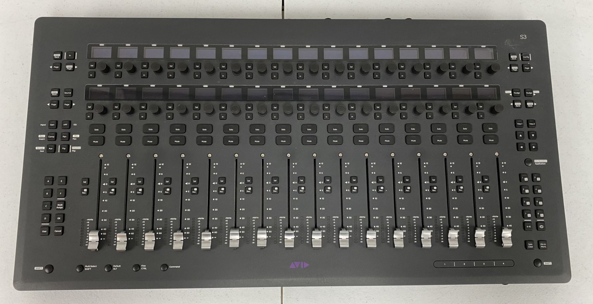 A pre-owned Avid S3 16 Channel Mixing Desk/Audio Controller (PSU included) (Powers on but not tested