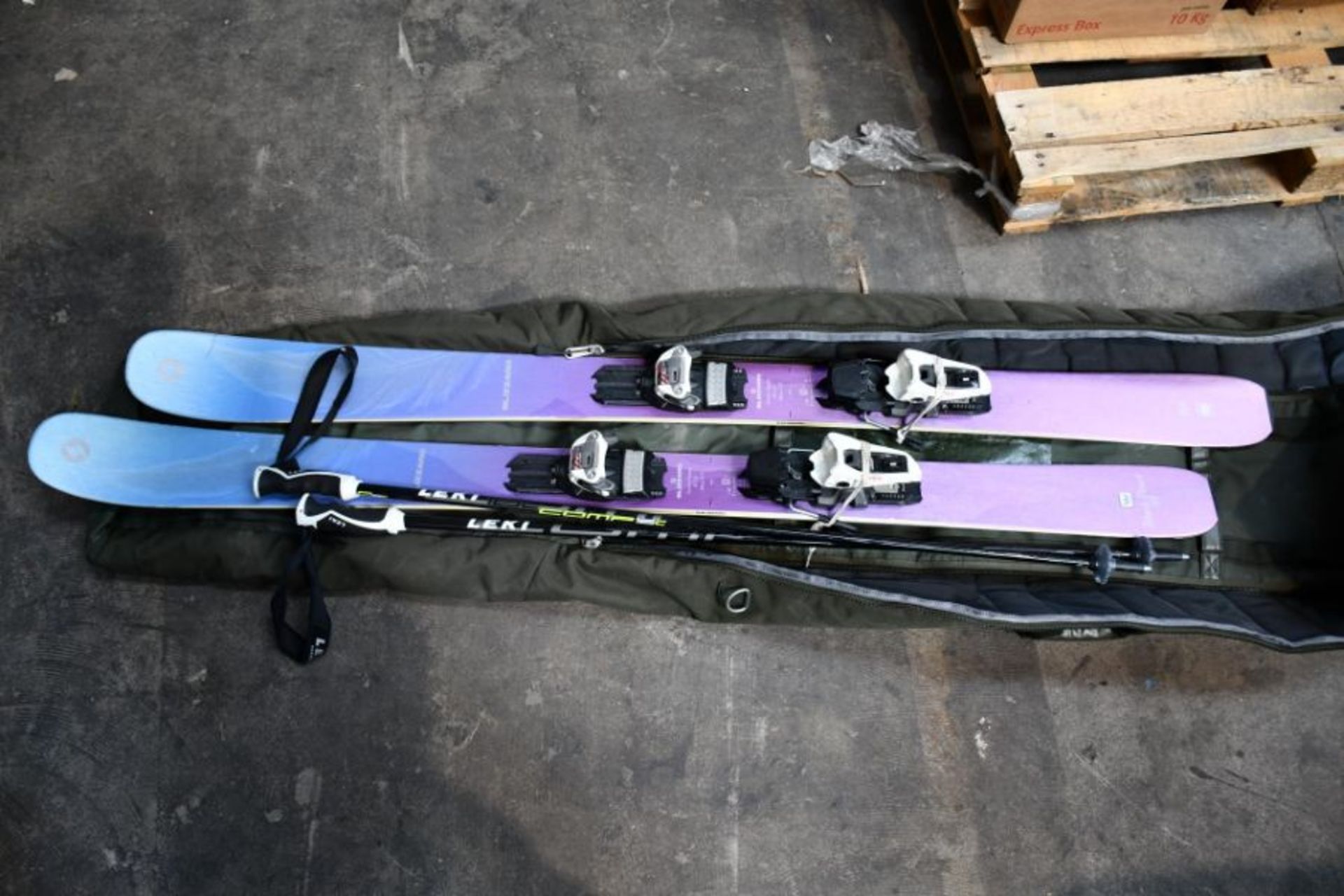 A Pair of Pre-owned Black Pearl Skis Blizzard Black Pearl with bindings, skii poles and Db Pine Gree