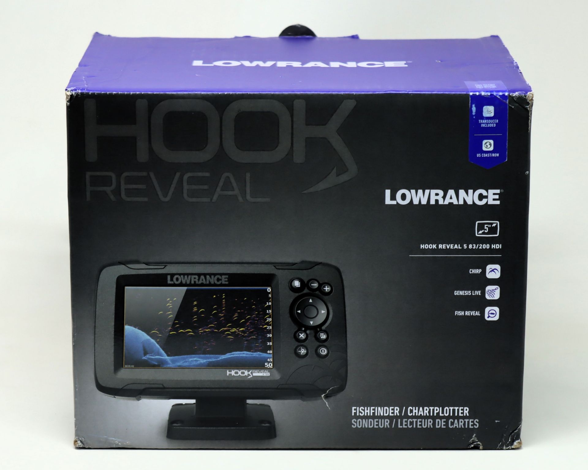 A boxed as new Lowrance Hook Reveal 5 83/200 Fishfinder/Chartplotter With US Coast/ROW Maps (Transdu