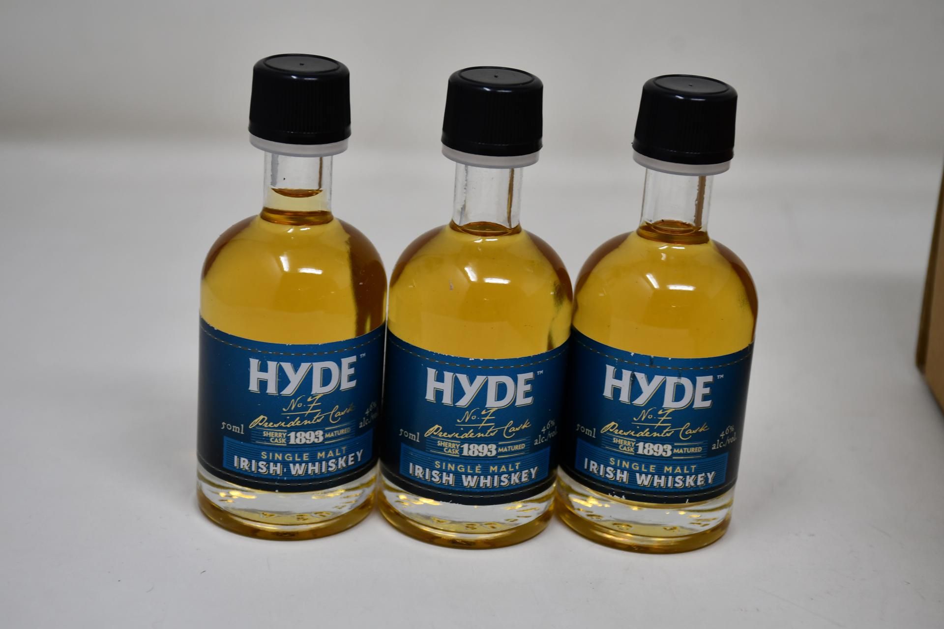 A box of Hyde Single Malt Irish Whiskey Miniatures (24x50ml) (Over 18s only).