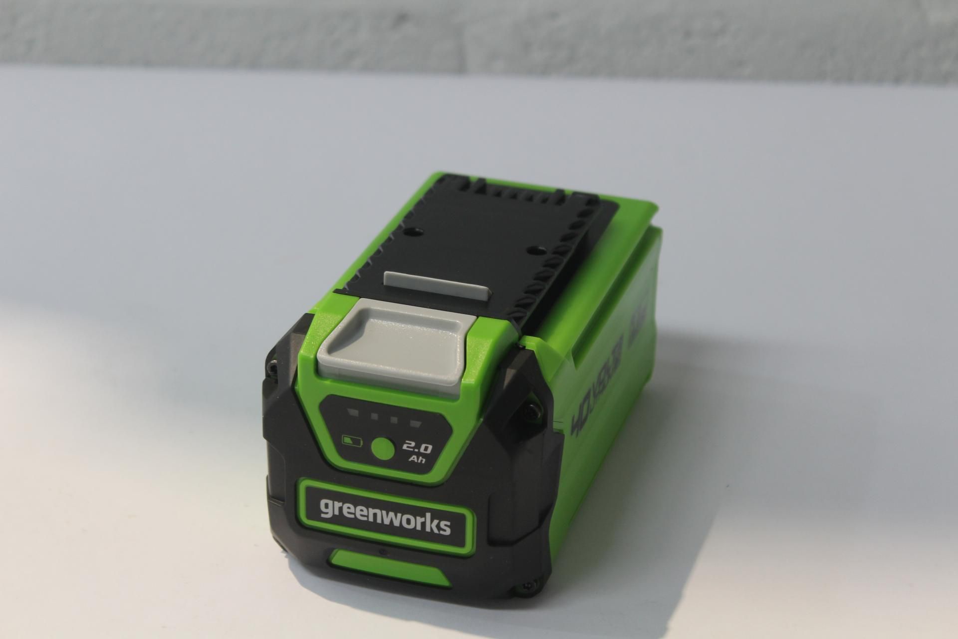 A GreenWorks 40 Volt 2AH rechargeable battery (Unboxed).