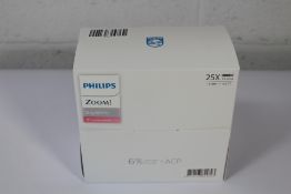 A box of twenty five Phillips Zoom DayWhite 6% Hydrogen Peroxide take home teeth whitening syringes.