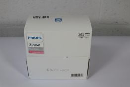 A box of twenty five Phillips Zoom DayWhite 6% Hydrogen Peroxide take home teeth whitening syringes.