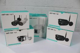 Five pre-owned Netvue Outdoor Wi-Fi Security Cameras: 1 x Sentry 3, 3 x Vigil and 1 x Vigil 3.