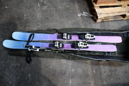 A pair of pre-owned Black Pearl Skis, Blizzard Black Pearl with bindings, ski poles and Db Pine Gree