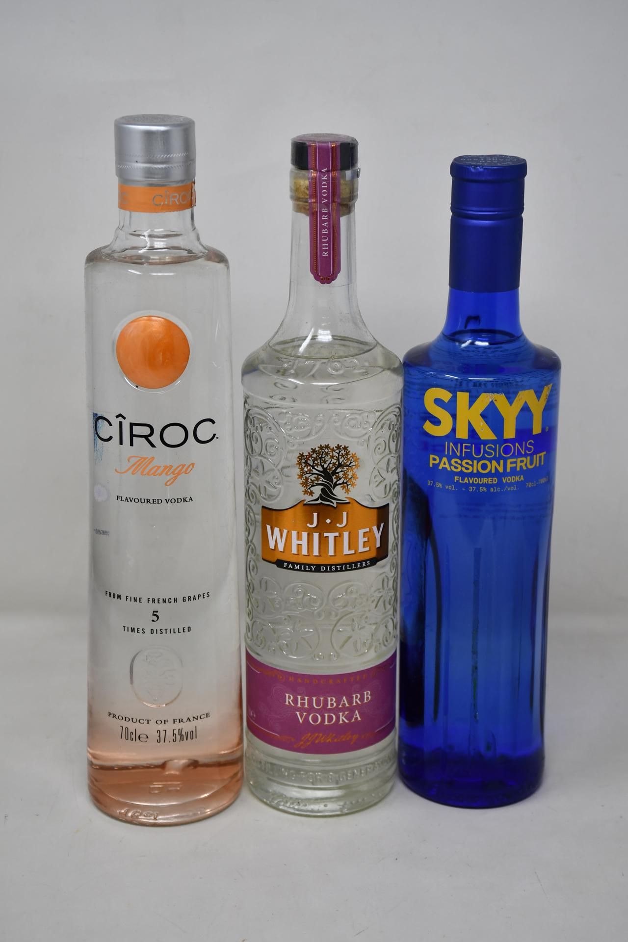 Skyy Infusions Passion Fruit Vodka (700ml), Ciroc Mango Vodka (700ml) and JJ Whitley Rhubarb Vodka (