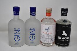 Two bottles of The Lakes Gin (700ml), The Mad Owl Gin(700ml) and Blacks Irish Gin (700ml) (Over 18s