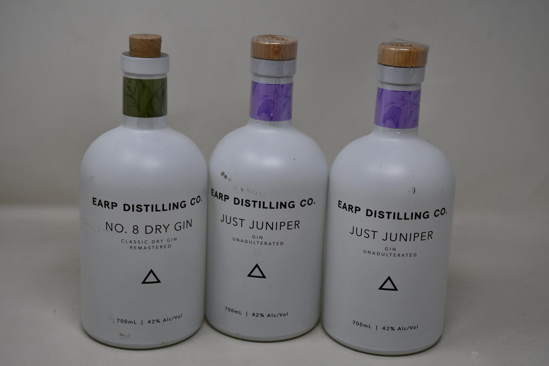 Three bottles of Earp Distilling Co., to include Just Juniper and No.8 dry gin (700ml) (Over 18s onl