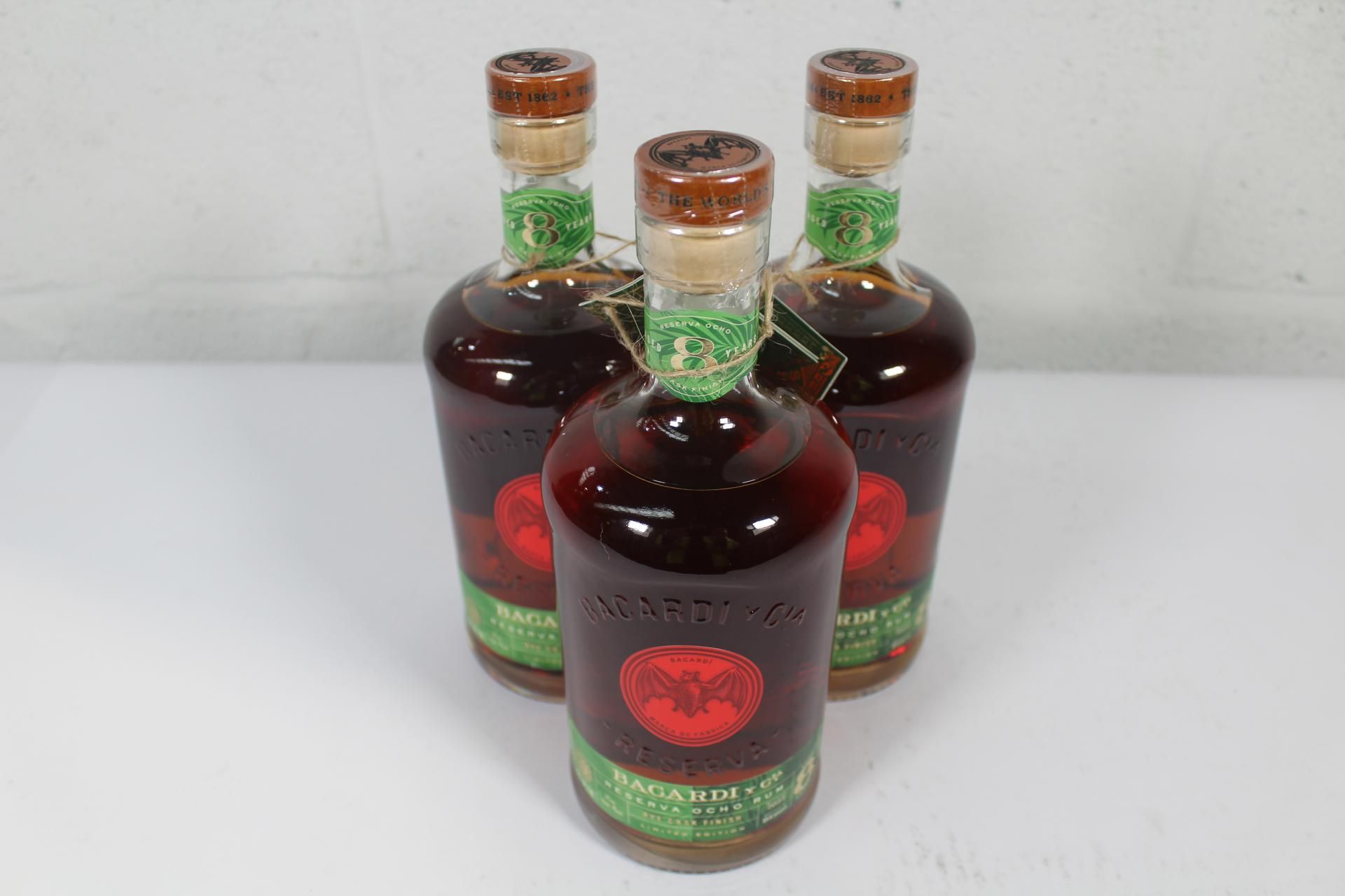 Three bottles of Bacardi Reserva Ocho Rum, Aged 8 Years, Bottled 2022 (3 x 750ml) (Over 18s only).