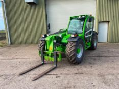 2018 Merlo TF35.7 115 Turbo Farmer materials handler with pallet tines on Michelin 460/70R24 wheels