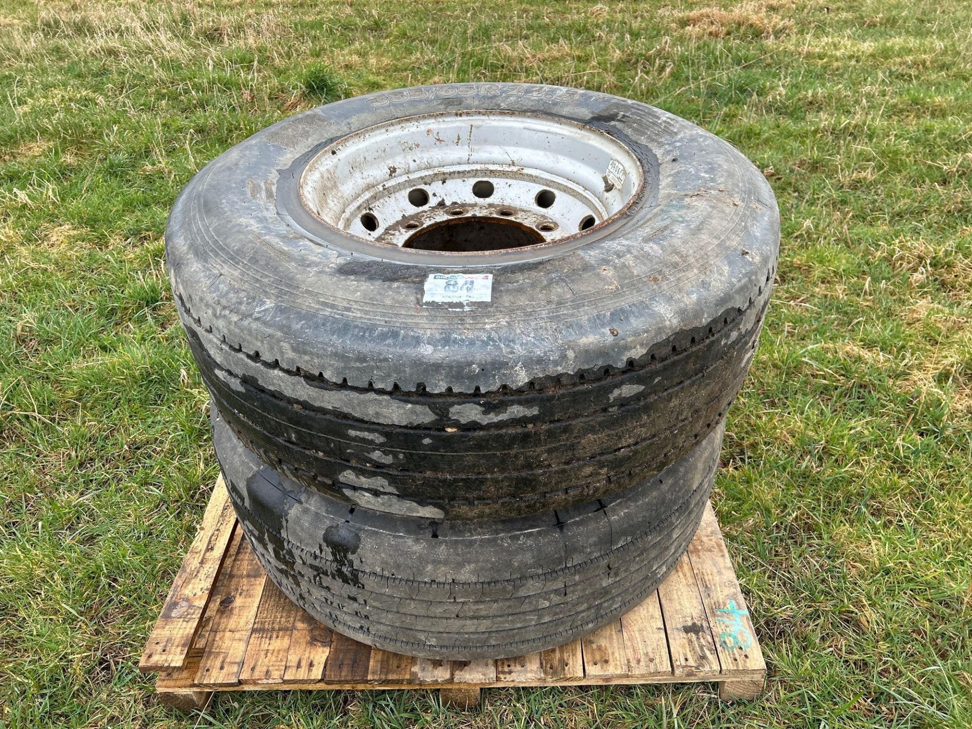 Pair of 385/65R22.5 tyres and wheels. 10 stud.