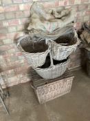 Quantity vintage wicker fruit picking baskets and hessain sacks