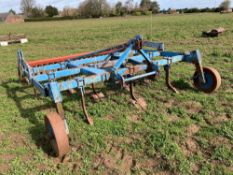 Fixed tine 10' cultivator with 11 legs, depth wheels and rear spiral roller, linkage mounted