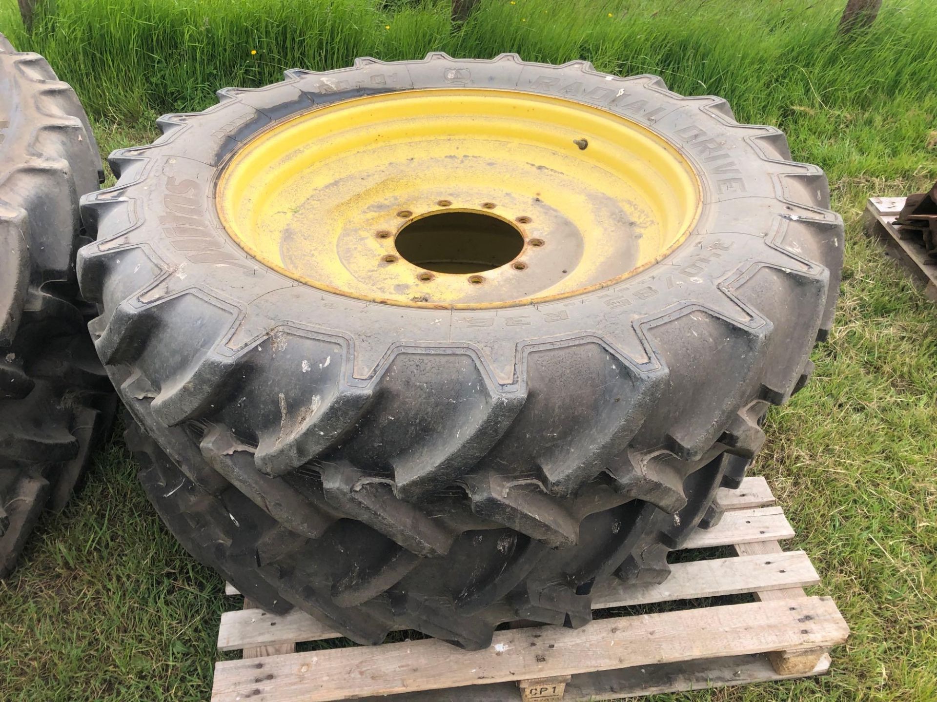 Set 340/85R36 front and 380/90R50 row crop wheels and tyres with John Deere centres - Image 3 of 3