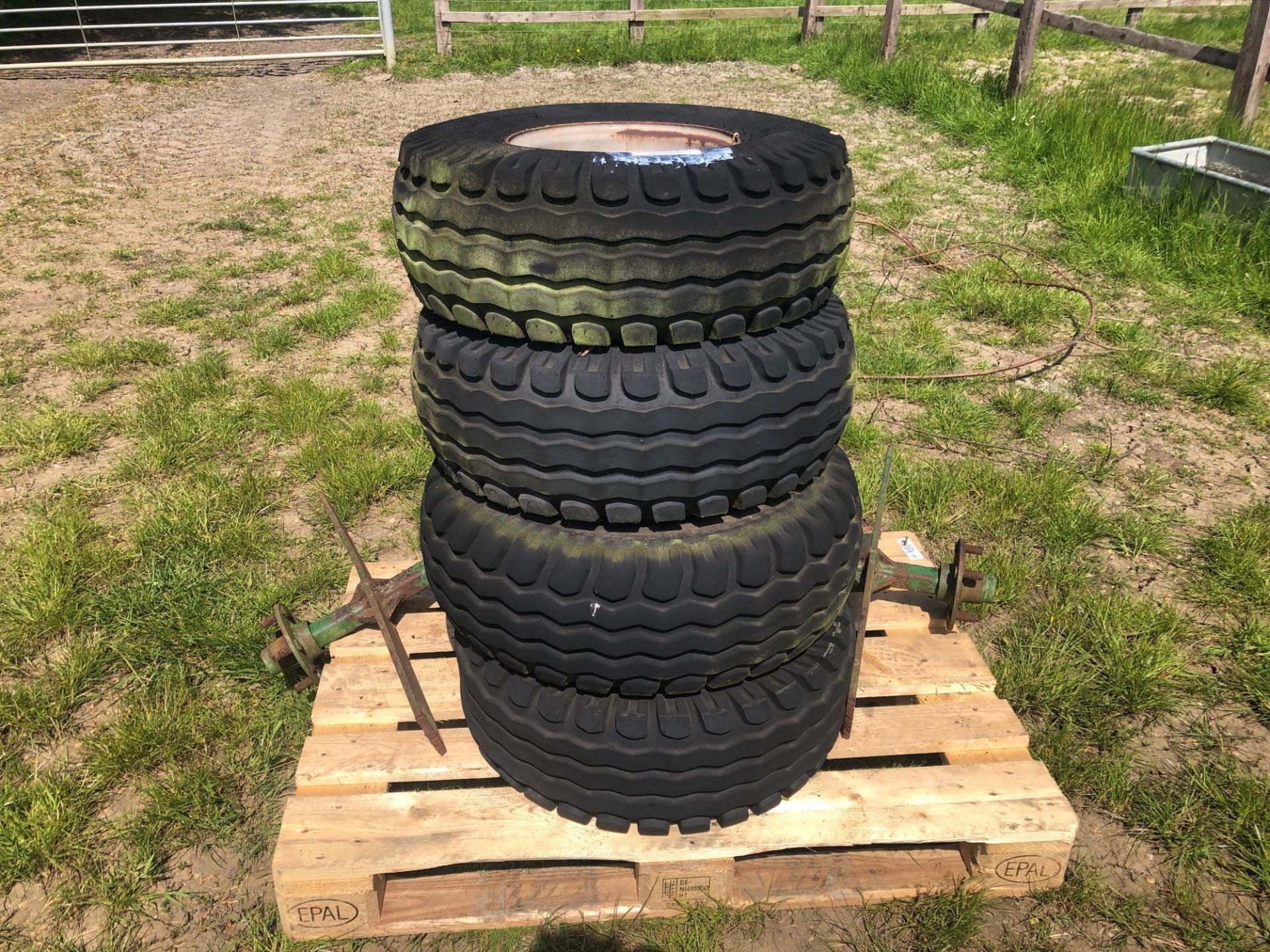 4No 10.0/80-12 wheels and tyres (5 stud) with axles