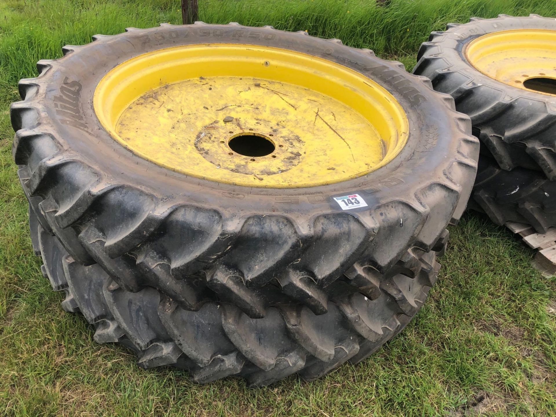 Set 340/85R36 front and 380/90R50 row crop wheels and tyres with John Deere centres - Image 2 of 3