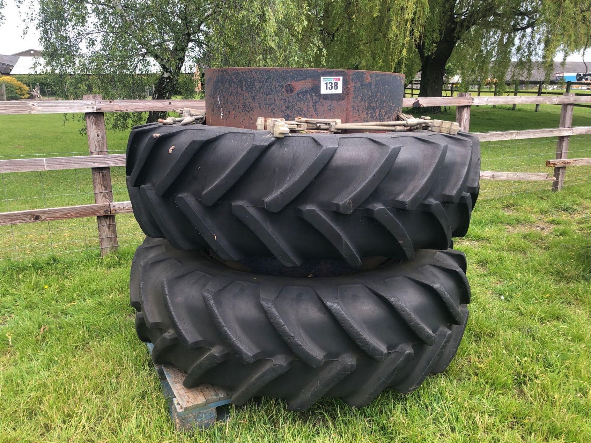 Pair Michelin 18.4R38 Stocks dual wheels and tyres with clamps