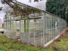 Robinson 6.6m x 20m glasshouse with manual opening vents. Sold in situ, buyer to remove