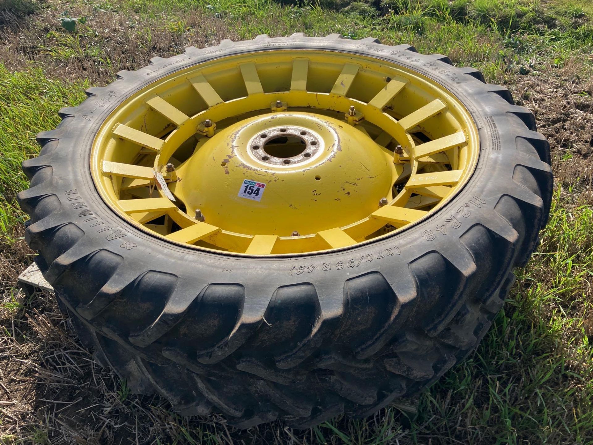 Pair Alliance 11.2R48 row crop wheels and tyres with JD/MF centres