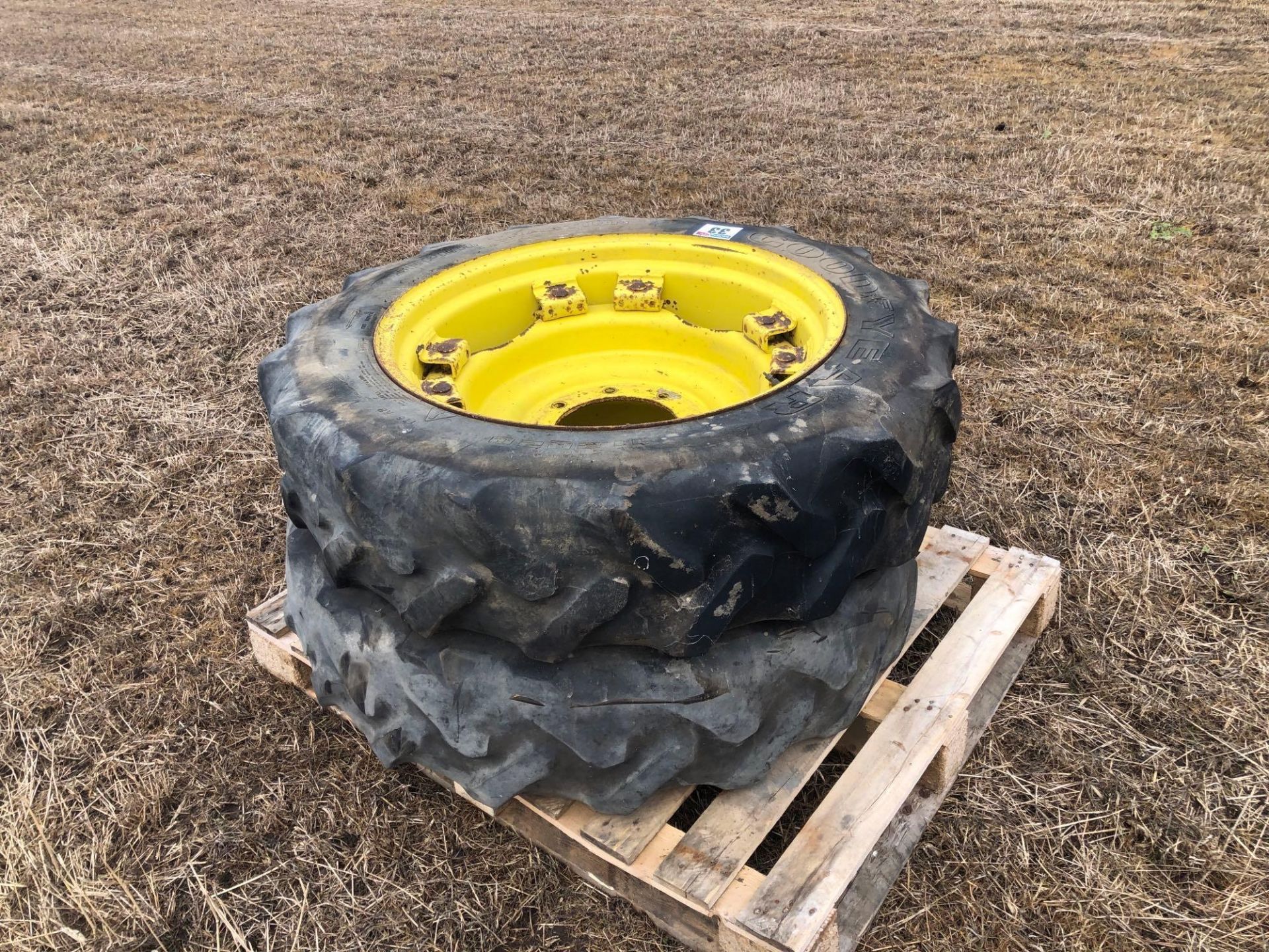 Pair Goodyear 11.2R28 front wheels and tyres to suit John Deere - Image 4 of 4