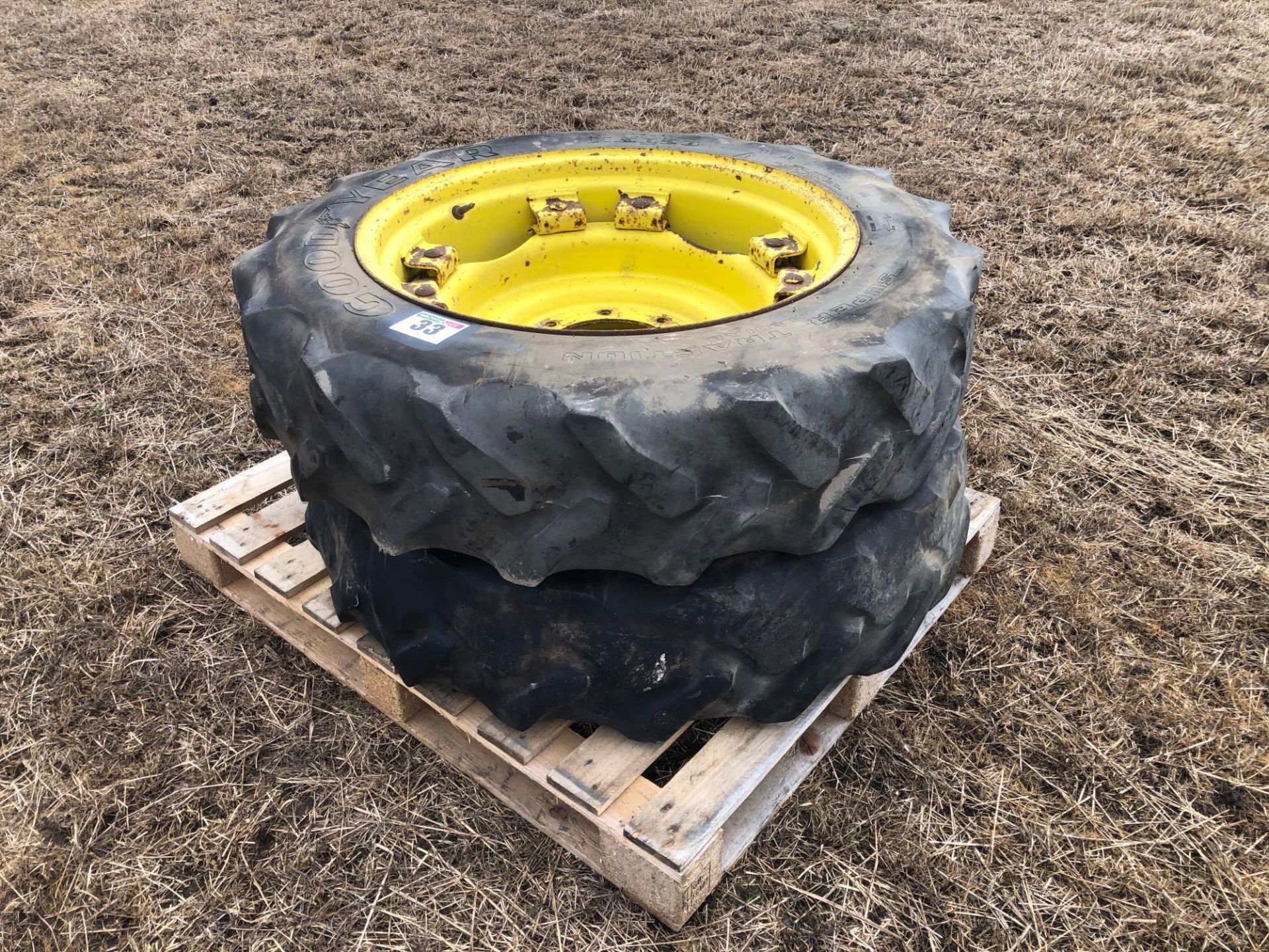 Pair Goodyear 11.2R28 front wheels and tyres to suit John Deere - Image 2 of 4