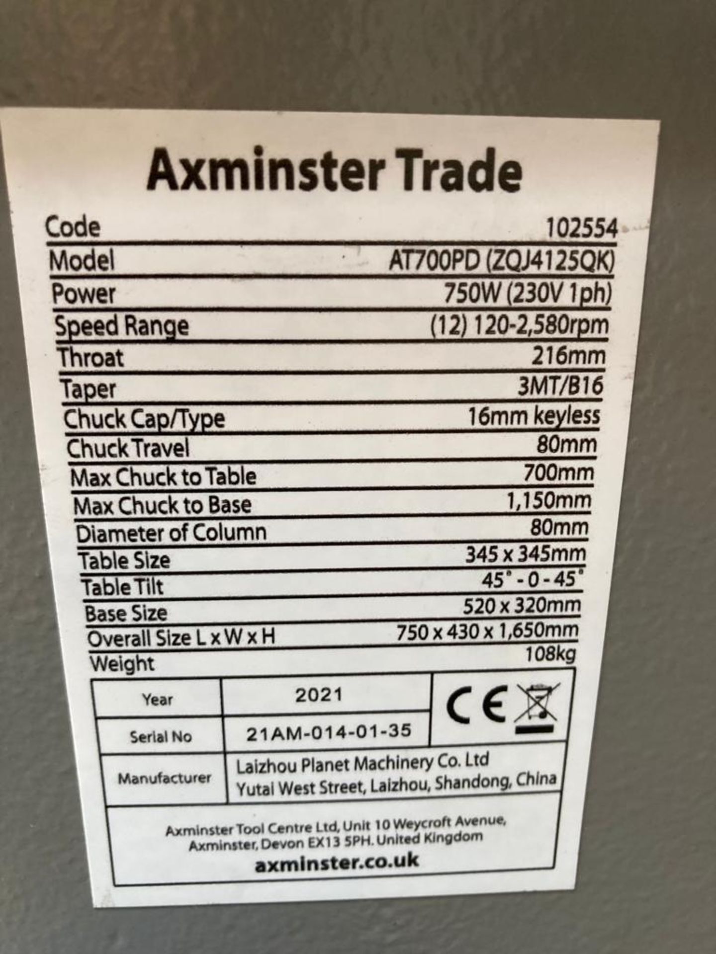 Axminster Trade Floor Mounted AT700PD Pillar Drill - (Norfolk) - Image 9 of 9