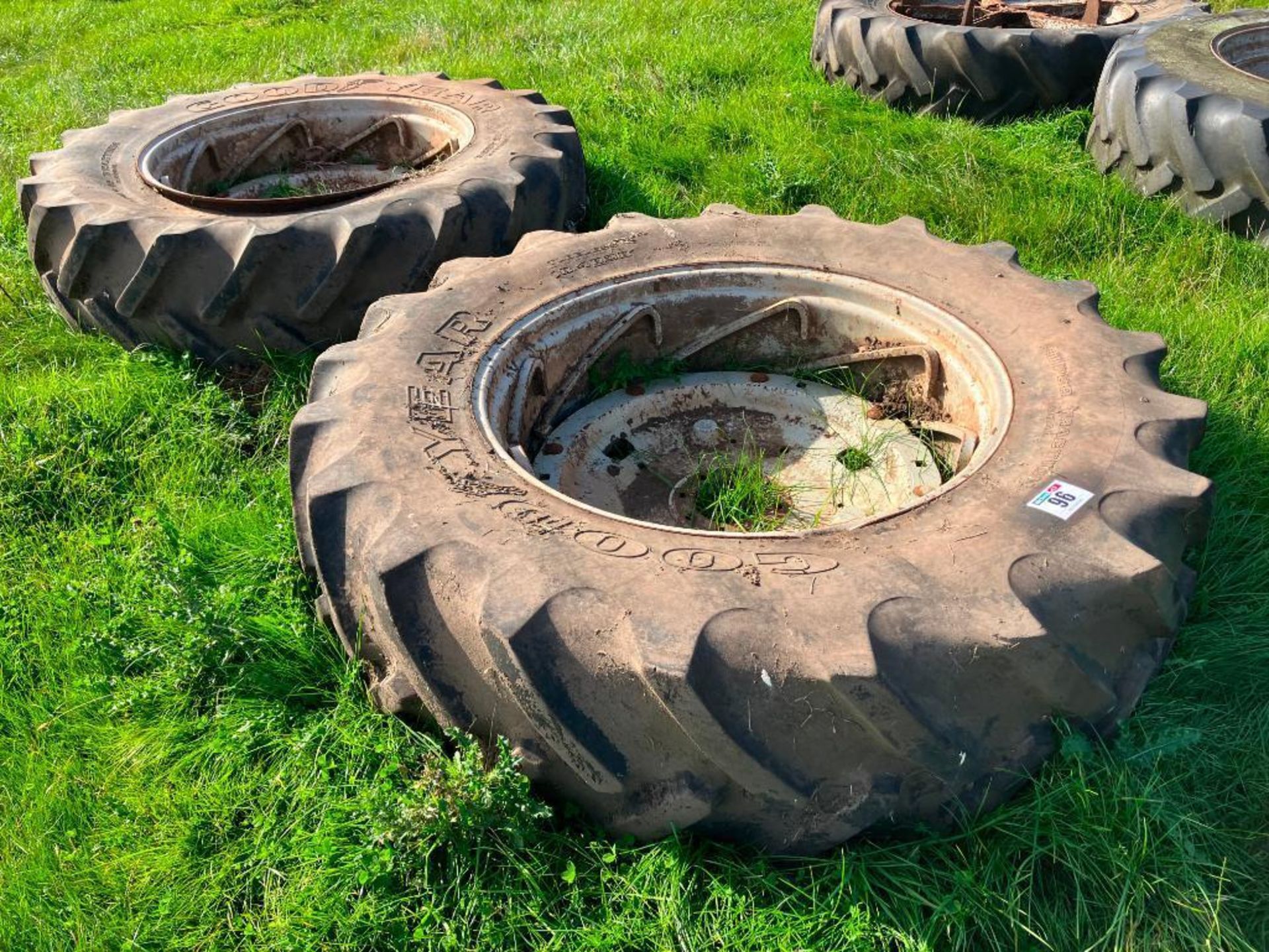 Pair Goodyear 18.4R38 rear wheels and tyres with Massey Ferguson centres