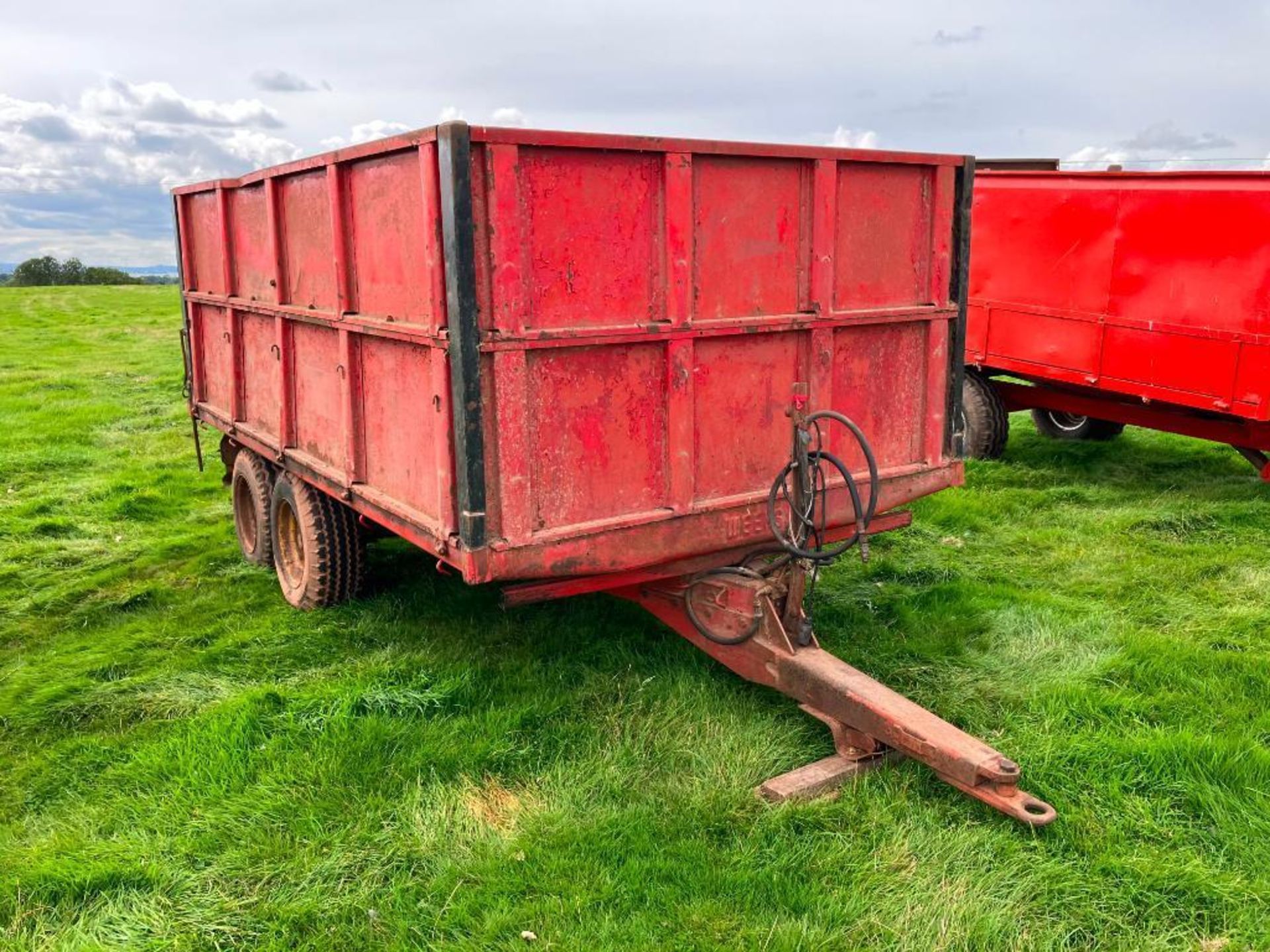 1977 Weeks 8t twin axle dropside trailer with manual tailgate and grain chute on 10.0/75-15.3 wheels