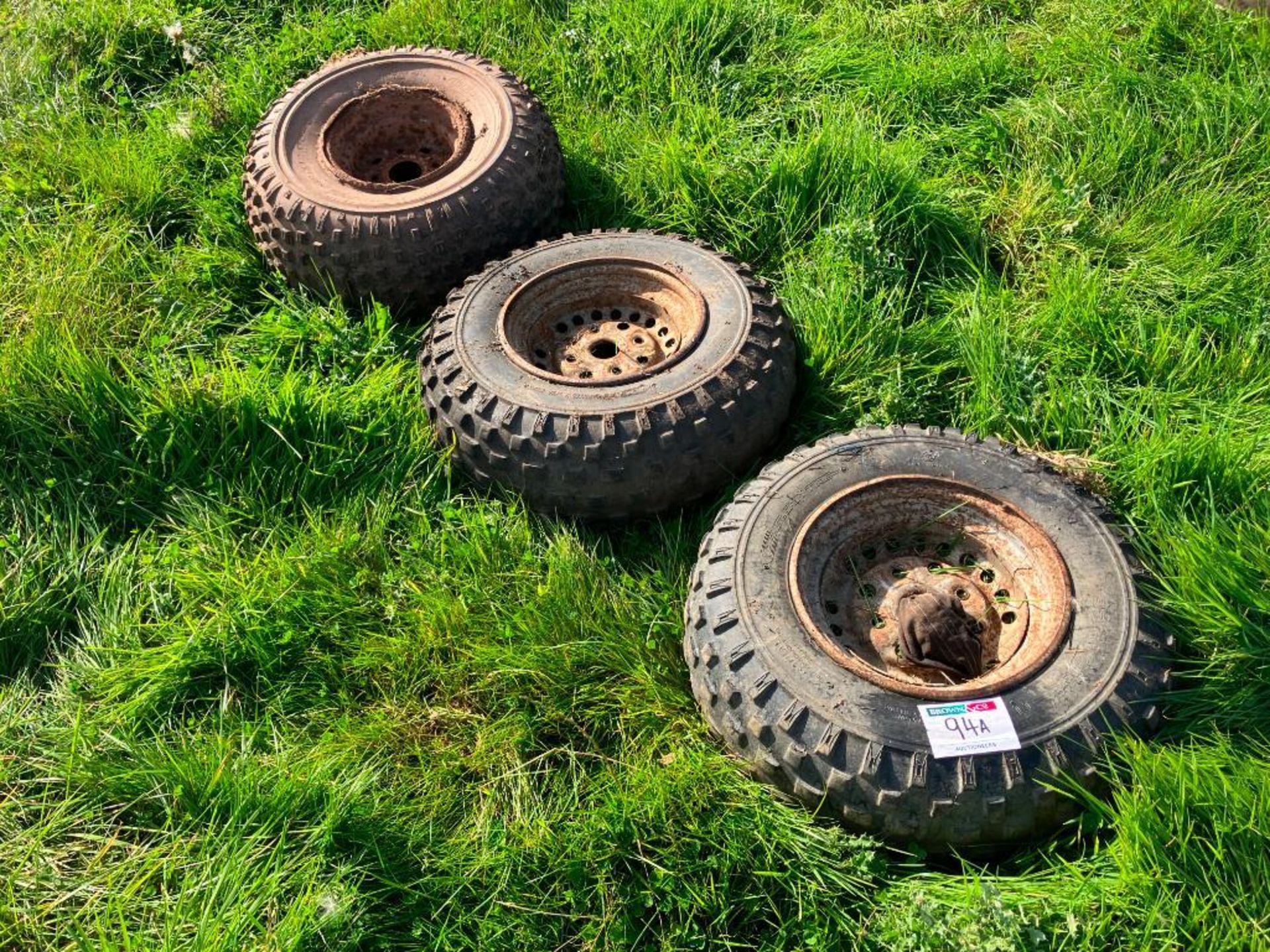 Pair 23.5x8.00-11 wheels and tyres and single 25x12.00-9 wheel and tyre