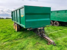 1998 Merrick Loggin 16t twin axle grain trailer with sprung drawbar and hydraulic tailgate on 385/65