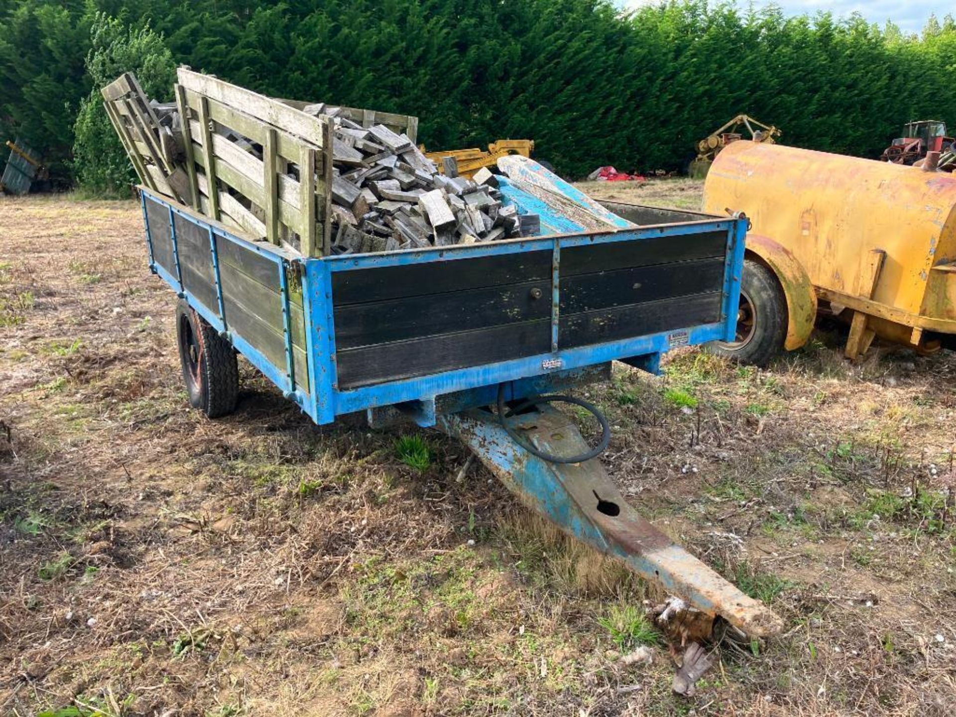 Hydraulic tipping single axle 3t dropside trailer on 7.5R16 wheels and tyres with contents