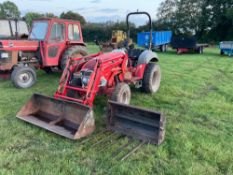 McCormick GX45 diesel tractor with front end loader, general purpose bucket, manure fork, roll bar a