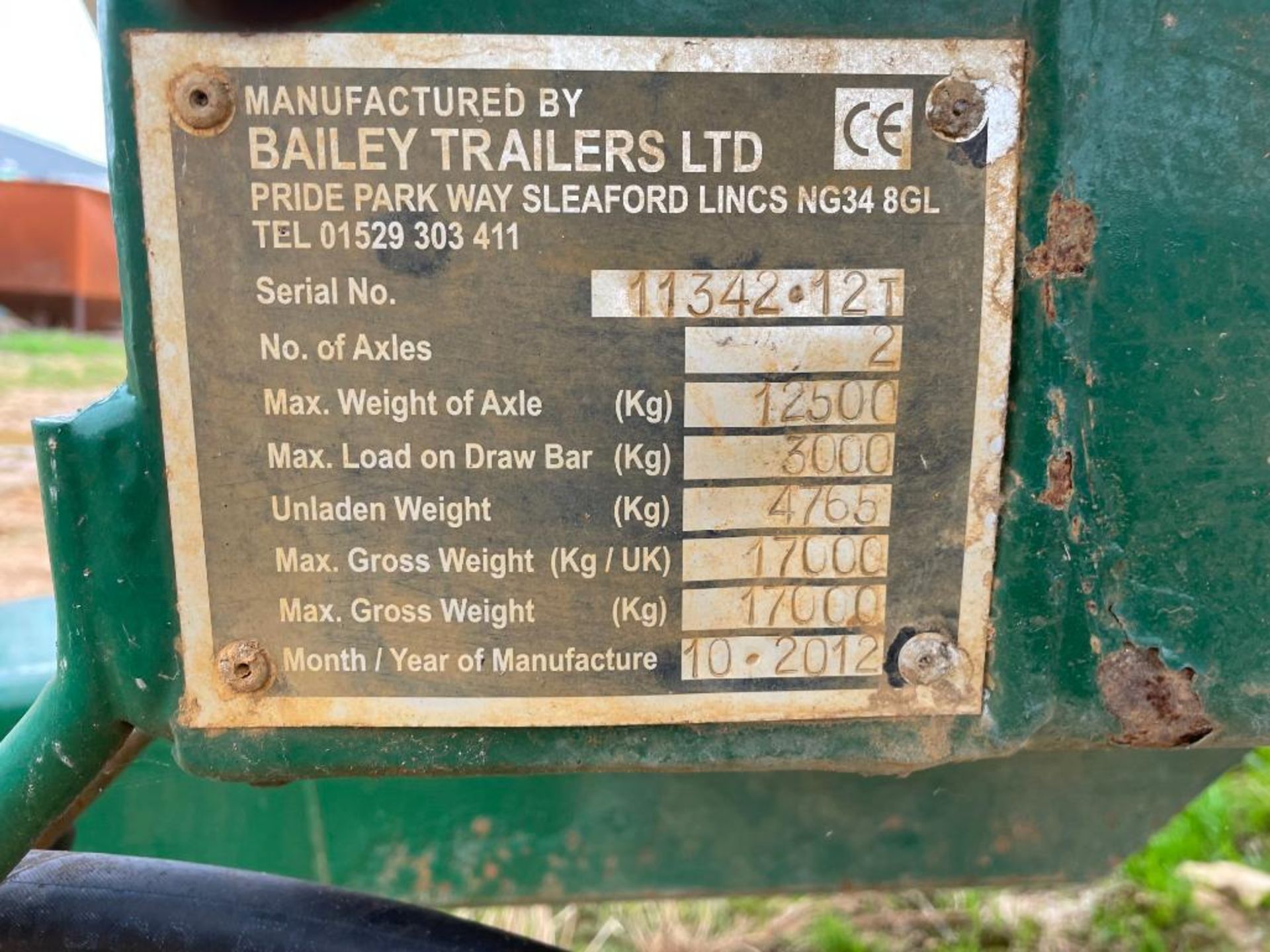 2012 Bailey 12t grain trailer, sprung drawbar, air brakes, hydraulic tailgate, grain chute, manual r - Image 7 of 7