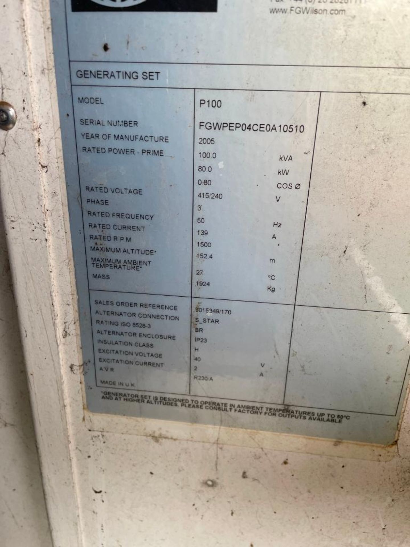 2005 Perkins P100 6cyl diesel generator, 100kVA. Hours: 13,158. Serial No: FGWP04CEOA10510 - Image 4 of 5