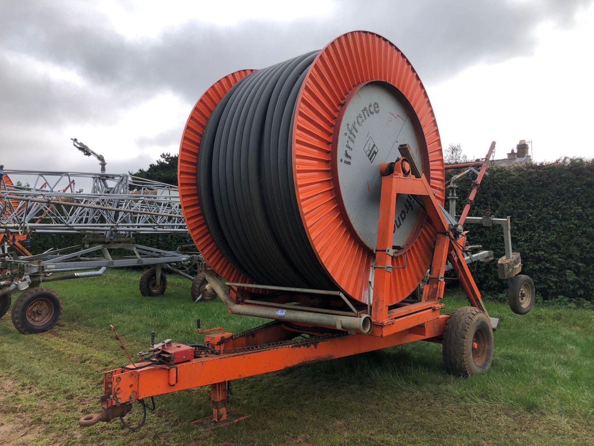 1996 Irrifrance Irridoseur 100/450 single axle irrigation reel with rain gun. Serial No: 351T0087 NB