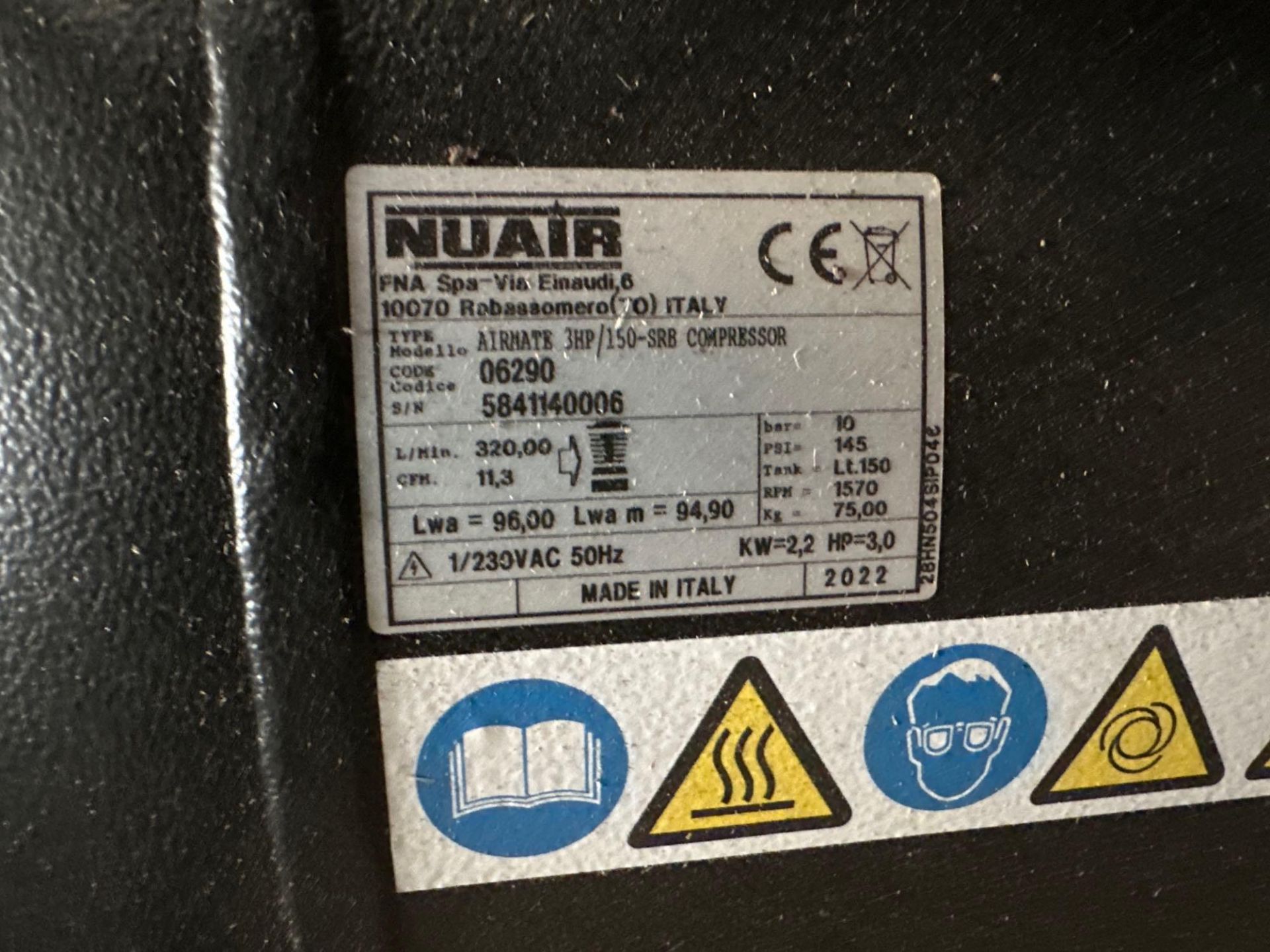 2022 Nuair Airmate 3hp compressor. As new.  Manual in the office - Image 3 of 3