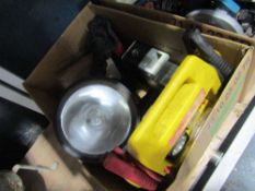 Box of garage tools - Battery chargers, lamps