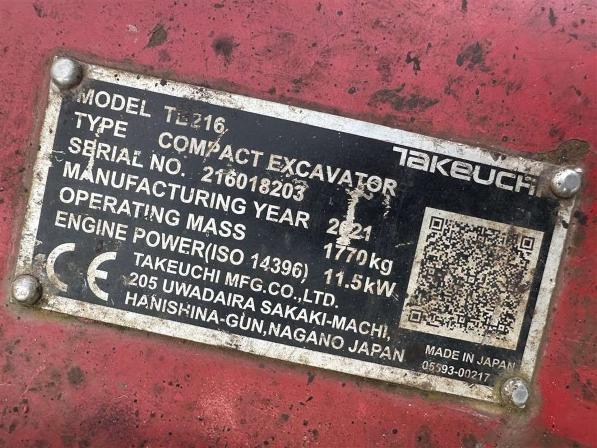 2021 Takeuchi TB216 Tracked Excavator c/w 4 x Buckets - Image 7 of 7