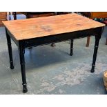 A vintage pine kitchen table, on a black painted base with ring turned legs, 120x74x75cmH