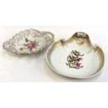 A 19th century Dresden hand painted pierced bonbon dish, heightened in gilt, 22cmW, together with