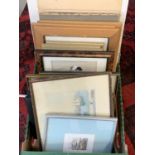 A mixed box of frames, pictures and prints
