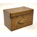 A George III mahogany and marquetry tea caddy, the lid and front with central shell marquetry,
