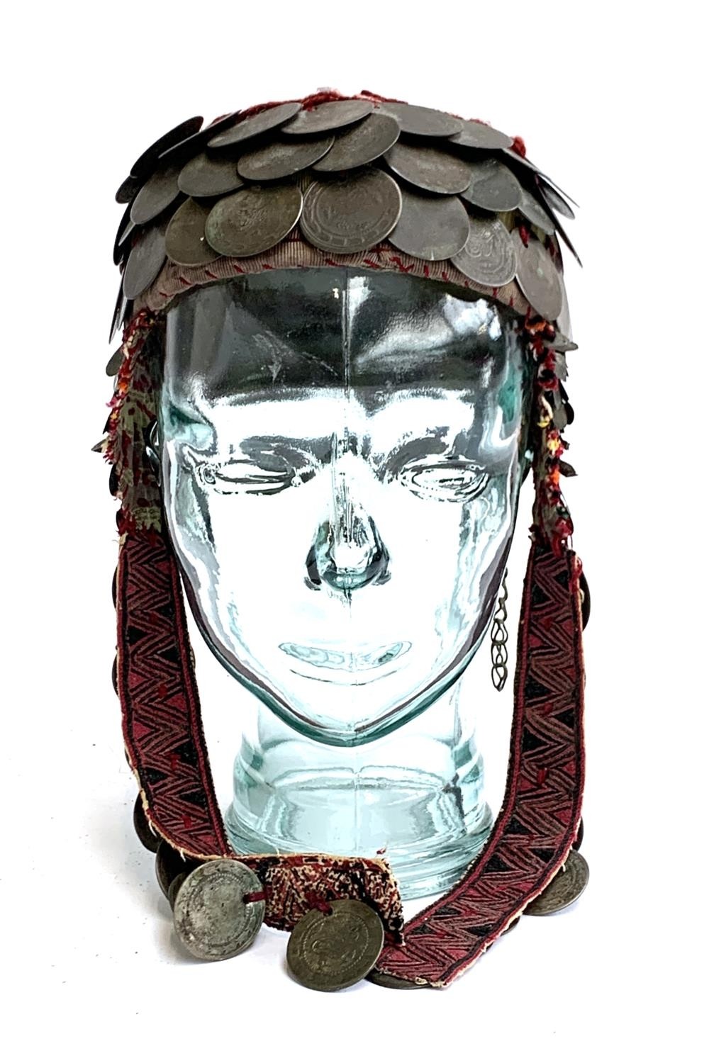 A Palestinian bridal wedding headdress and burqa veil, the woven cap mounted with coins from the - Image 9 of 10