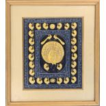 20th century Persian, painting on silk depicting golden peacocks, 22.5x18cm