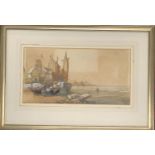 John Francis Salmon (1808-1886), 'Beached Boats and Fishermen', watercolour, 18.5x35cm Bears label