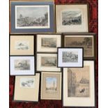 A quantity of 19th century hand coloured engravings to include 'Queen's Square, Bath', etc (11)