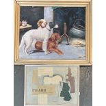 A 20th century oil on board depicting dogs near an open fire, signed A Wardell lower left,